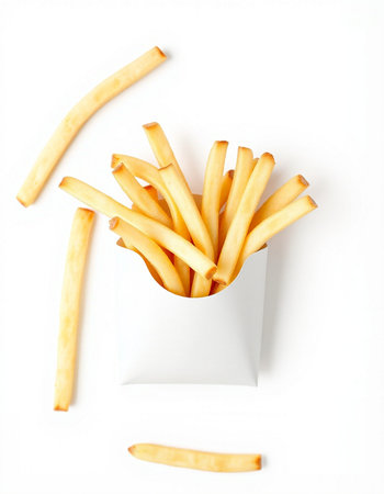 French fries in a paper box isolated on white background. Top view.