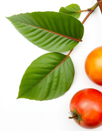 Ripe red tomato and green leaf on white background, top viewの写真素材