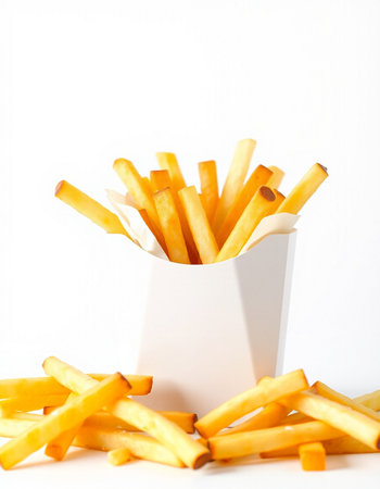 French fries in a white box on a white background. Selective focus.