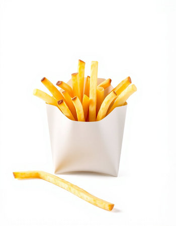 French fries in a paper box isolated on white background. Fast food.