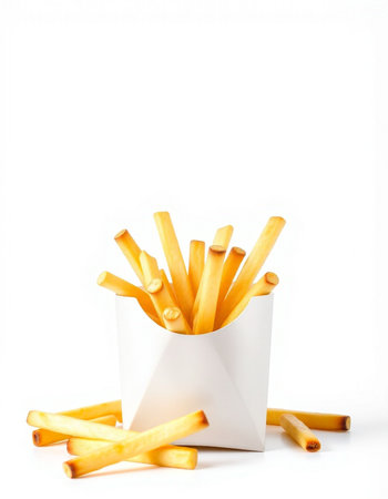 French fries in a white paper box on a white background with copy space