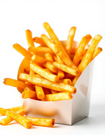 French fries in a white box on a white background close-up