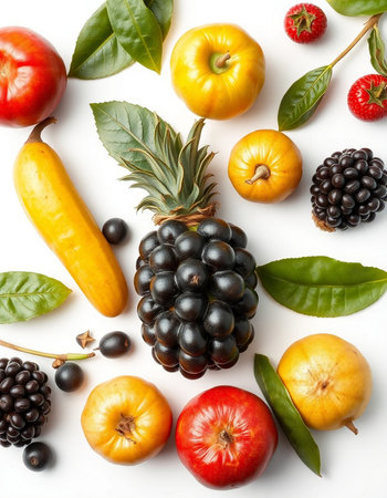 Composition with ripe fruits and vegetables on white background, top viewの写真素材