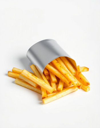 Golden French fries in a tin can isolated on a white background.