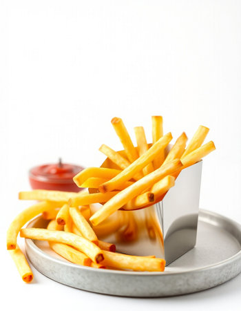 French fries on a metal plate with tomato sauce on a white background