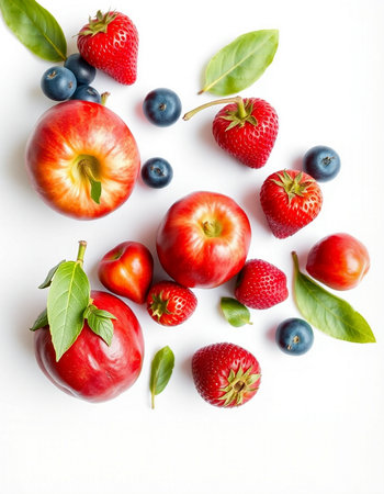 Red apples, blueberries and strawberries on white background. Flat lay, top viewの写真素材