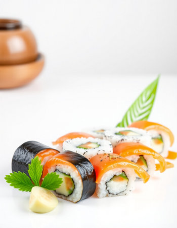 Sushi roll with salmon, cream cheese and cucumber on a white backgroundの写真素材