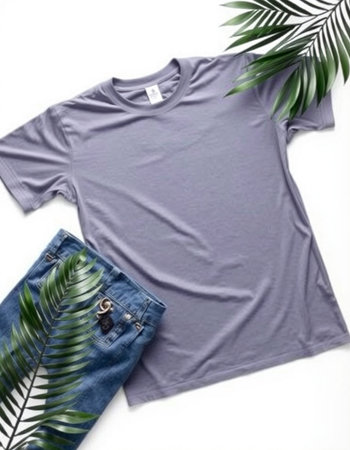 T-shirt and jeans on a white background with palm leaves.の写真素材
