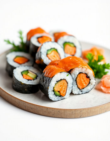 Sushi roll with salmon, cucumber and cream cheese on a white backgroundの写真素材