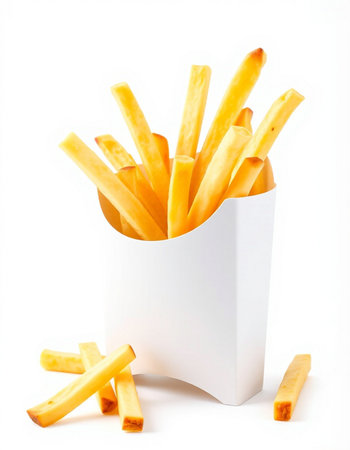 French fries in a white box on a white background. Isolated