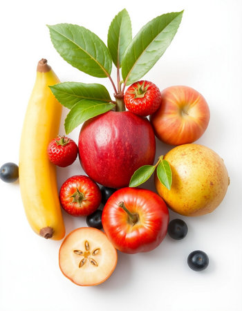 Fresh fruits isolated on white background. Healthy food concept. Top view.