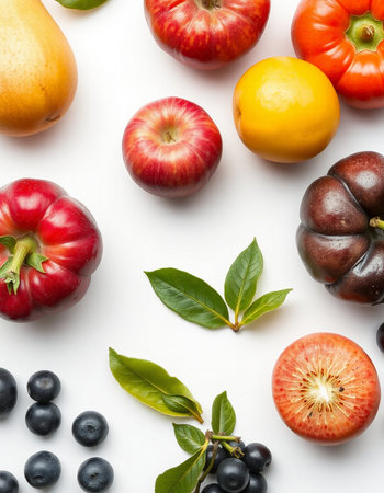 Flat lay composition with different fruits and vegetables on white background, top view