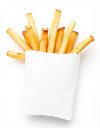 French fries in paper bag isolated on white background, clipping path includedの写真素材