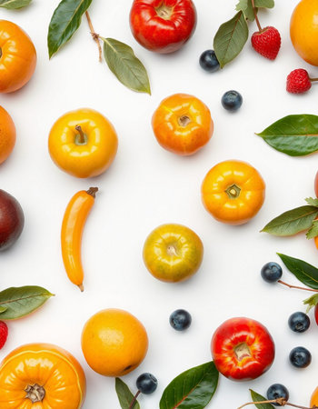 Colorful fruits and vegetables on white background. Flat lay, top view