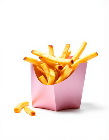 French fries in a pink box on a white background. Isolatedの写真素材