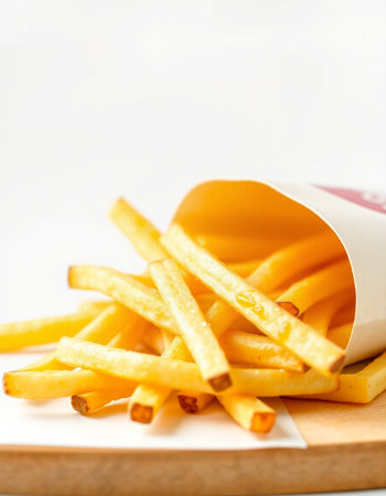 French fries in a paper box on a white background. Selective focus.