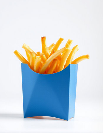French fries in a blue box on a white background. Fast food.の写真素材