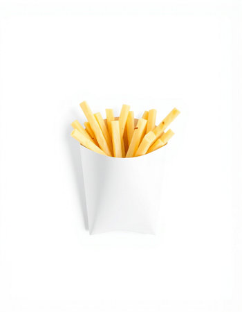 French fries in paper box isolated on white background. Top view.