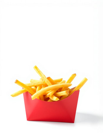 French fries in red box isolated on white background. Fast food concept