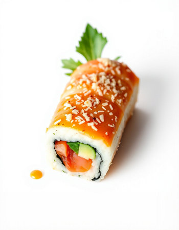 Sushi roll with salmon, cucumber and sesame seeds on white backgroundの写真素材