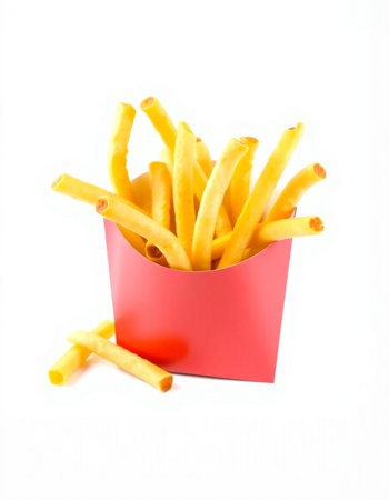 Golden French fries in red box isolated on white background. Selective focus.