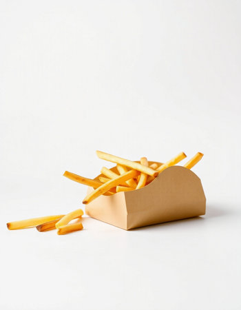 French fries in a paper box on a white background. Fast food.