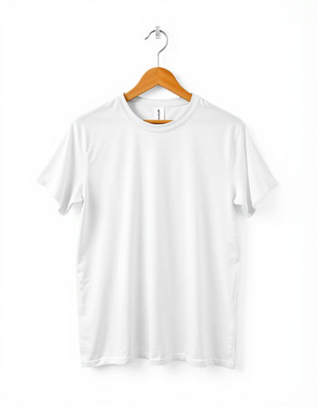 White t-shirt on wooden hanger isolated on white background.