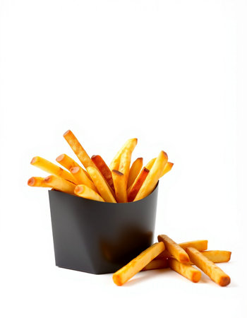 French fries in black bowl isolated on white background. Close up.