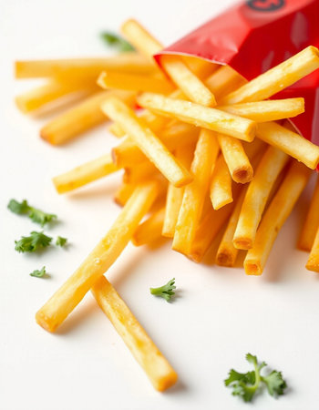 French fries with parsley on a white background, close-up