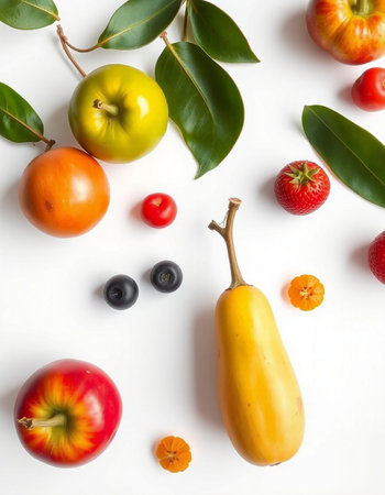 Fruits and vegetables on white background. Flat lay, top viewの写真素材