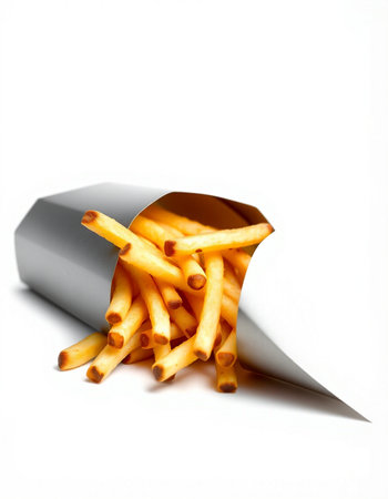 French fries in a paper bag on a white background. Isolated