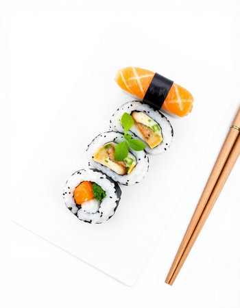 Sushi rolls on a plate with chopsticks isolated on white backgroundの写真素材