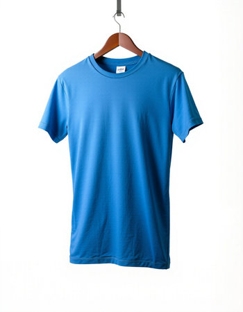 Blue t-shirt on a hanger isolated on a white backgroundの写真素材