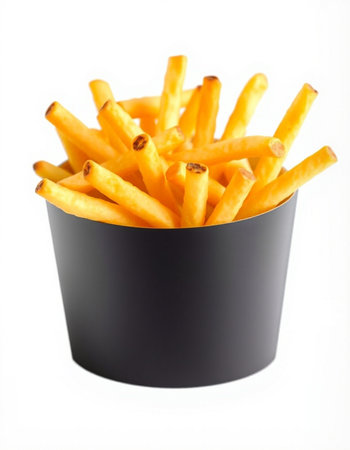 French fries in a black cup isolated on white background. Selective focus.
