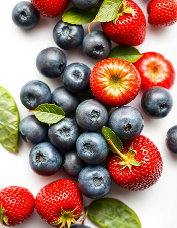 strawberries and blueberries on a white background, top viewの写真素材