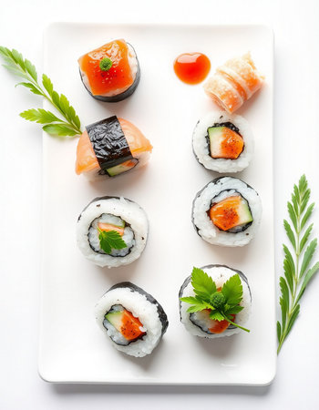 Sushi rolls on a white plate, isolated on white background.の写真素材