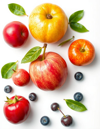 Fruits on a white background. Healthy food. Top view.
