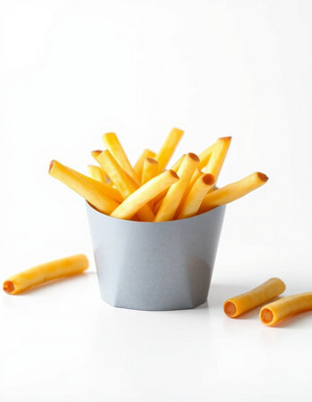 French fries in a paper cup on a white background. Selective focus.の写真素材