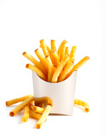 French fries in a paper box on a white background. Isolated