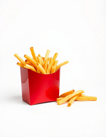 French fries in a red box on a white background. Isolatedの写真素材