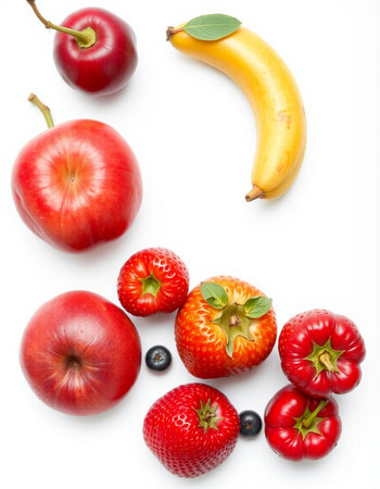 Composition of fresh fruits and berries on white background, top viewの写真素材