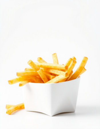 French fries in a white bowl on white background. Selective focus.