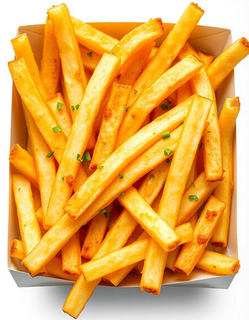 French fries in a cardboard box on a white background, top view