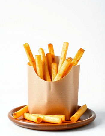 French fries in paper box on white background. Fast food concept.