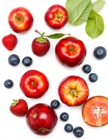 Red apples, blueberries, strawberries and cherries isolated on white background
