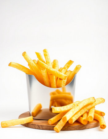 French fries in a metal box on a white background. Selective focus.