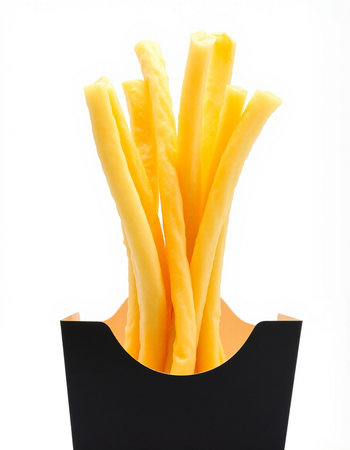 French fries in a paper box on a white background. Isolated
