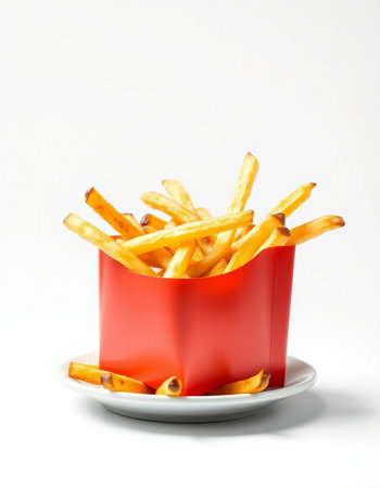 French fries in a red box on a white background. Isolatedの写真素材