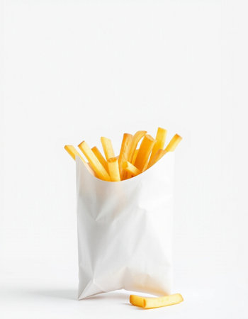 French fries in a white paper bag on a white background with copy space