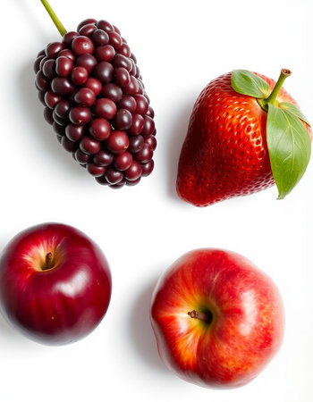 Fruits and berries isolated on white background. Ripe red apple, blackberry, strawberry and grape.